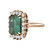 Right-side view of the yellow gold ring. This view highlight the rectangular antique cushion-cut green chrome tourmaline and three sides of the ring with round brilliant-cut diamonds. It also display the band.