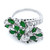 An image of a luxurious Rachel Koen women's ring featuring a cluster of sparkling diamonds and vivid green emeralds set in a platinum band. The ring is captured from a top-down angle, displaying the intricate design and the stones' arrangement in clear detail. The photo is shot up close to showcase the craftsmanship and the brilliance of the gemstones.