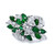 An image of a luxurious Rachel Koen women's ring, viewed from a top-down perspective showcasing the intricate design. The ring features a cluster of sparkling diamonds and vibrant green emeralds set in a platinum band. The gemstones are cut into marquise and round shapes, arranged in a floral pattern, with baguette-cut diamonds accentuating the band. The close-up view captures the ring's details and the reflective quality of the precious stones and metal.