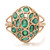 An image of a Rachel Koen women's cocktail ring with green emeralds, presented in a close-up view at a slight angle that showcases the intricate design. The ring features multiple emerald green emeralds of varying shapes, including oval and square, set in a polished 14k yellow gold band with an openwork honeycomb pattern. The gemstones are prominently displayed and the ring occupies the central portion of the image against a neutral background.