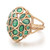 An image of a Rachel Koen women's cocktail ring with gemstones, showcasing a close-up, top-down view. The ring features a yellow gold band and setting with an intricate, openwork design. It is adorned with multiple emerald green gemstones of varying shapes and sizes, set in a clustered pattern that covers the top portion of the ring. The gemstones display rich color and texture, and the yellow gold has a polished finish. The image is taken at a slight angle, emphasizing the ring's detailed craftsmanship and the vibrant hues of the gemstones.