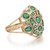 An image of a Rachel Koen women's cocktail ring with green emeralds, showcased at a slight left angle emphasizing the top and side views. The ring features an intricate 14k yellow gold band and setting, with multiple emerald green gemstones of varied sizes embedded throughout the upper part, captured from a close distance to highlight detail.