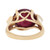 An image of a Rachel Koen women's ring featuring a large, central Cabochon Ruby with a deep red hue, set in a polished yellow gold band. The Cabochon Ruby is held by gold prongs that form elegant curves around the stone. Small diamonds accent the intricate setting. The ring is photographed at a slight angle from above, providing a clear view of the gemstone and the unique band design, with a focus on the upper portion of the ring. The background is neutral, ensuring the ring is the central point of interest.
