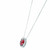 An image of a Rachel Koen women's pendant necklace with a prominent red Ruby stones centerpiece surrounded by diamonds. The necklace is displayed against a white background, with the pendant centrally positioned and shown at a straight-on angle to highlight its design. The chain is thin and delicate, extending towards the top corners of the frame, suggesting a medium distance from the camera that allows for the entire pendant and part of the chain to be in focus.