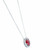 An image of a Rachel Koen brand pendant necklace designed for women, featuring a central oval-shaped red Ruby encircled by diamonds. The necklace is captured from a front-facing angle with a close-up view, displaying the intricate details of the gemstones and the fine white gold chain laid out vertically.