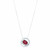 An image of a Rachel Koen pendant necklace with diamonds and Ruby for women, displayed against a white background. The necklace features a central oval red Ruby encased in a halo of sparkling diamonds, with a second outer ring adding depth and elegance. The pendant hangs vertically from a delicate white gold chain that extends upwards on either side. The image is taken from a front-facing angle, with the necklace appearing in sharp focus and occupying the central lower third of the frame.