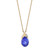 Front view of the necklace with prong set blue oval cut tanzanite and round cut diamonds on top pendant with yellow gold link chain 