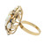 Right view of the Estate cocktail ring showing the yellow gold ring mounting holding the oval cut white opal stones in prong setting