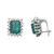 Front and side view of the prong set emerald cut green emerald and round cut diamonds stud earrings with hinged closure in white gold 