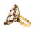 The right view of the ring shows the shank holding stones in a prong setting with the ring band in yellow gold with stamp markings.