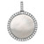 An image of a men's Rachel Koen brand pendant with diamonds, shown from a frontal view at a close distance. The pendant features a large, circular design with a smooth, metallic photo center that has a frosted appearance. The pendant is encircled by a halo of round-cut diamonds set in white gold, creating a sparkling border. The diamond setting is visible, and each stone catches the light differently, indicating their faceted nature. The pendant is attached to a matching white gold bail comprised of a single column of smaller diamonds, suggesting that it would hang vertically from a chain. The background is a pure white, emphasizing the contrast and details of the necklace.