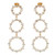 An image of a pair of Rachel Koen brand long drop earrings for women, featuring diamonds. The earrings are displayed frontally at a medium distance, allowing clear visibility of their design and details. Each earring consists of three concentric yellow gold circles adorned with multiple baguette and round-cut diamonds, connected vertically by a gold link. The earrings have a post backing visible at the top of the design. The image shows the earrings positioned parallel to each other, with a symmetrical and straight-on angle that highlights their elegance and intricate craftsmanship.