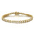 An image of a Rachel Koen women's tennis bracelet with diamonds, displayed in a straight line at a slight angle from left to right across the frame. The piece features a series of round-cut diamonds, each set in a circular yellow gold bezel. The bracelet is shown in a medium close-up view against a white background, emphasizing the sparkle of the diamonds and the golden hue of the metal. The clasp is visible at the top center, indicating the bracelet's functionality and design.