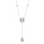 An image of a Rachel Koen brand lariat necklace designed for women, featuring baguette and round cut diamonds. The necklace is displayed against a white background in a straight, vertical position. At the top, a delicate chain with small, evenly spaced diamond accents leads to a central square pendant with a larger diamond in the middle, surrounded by a halo of smaller diamonds. From this centerpiece, a thin chain extends downwards, concluding with a teardrop-shaped pendant that encloses a smaller teardrop diamond within it, both outlined by round diamonds in white gold. The image is taken from a front-facing angle and the necklace is shown in its full length, providing a clear view of its design and details.