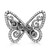 An image of a Messika brand Butterfly Arabesque Diamond 18k blackened white gold ring designed for women.. The ring is displayed head-on at a neutral angle with a close-up view, showcasing its intricate details and sparkling diamonds set along the curves of the butterfly's wings. The background is solid white, emphasizing the ring's design and brilliance.