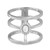 An image of a Messika women's Glam'Azone 3 row diamond band ring, positioned centrally and viewed from a frontal angle at a close distance. The ring features a unique triple-band design with the top band showcasing a prominent central diamond encircled by smaller diamonds, creating a halo effect. The metal appears polished 18k white gold, and the ring is set against a white background to highlight its intricate details and sparkle.
