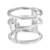 An image of a women's Messika brand ring with diamonds, viewed at a slight angle to show the ring's structure and the setting of the diamonds. The ring features a unique multi-band design in silver with a circular formation at the top band holding a large central diamond surrounded by smaller diamonds. The image is taken from a close distance, highlighting the reflective quality of the metal and the brilliance of the diamonds.