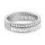 An image of a Messika brand ring designed for women, featuring diamonds. The ring is captured in a close-up view, centered, and positioned at a slight angle to showcase the full circle and the intricate setting of the stones. The upper half of the band is adorned with a row of round brilliant-cut diamonds, while the lower half is set with larger, vertically aligned baguette-cut diamonds, all reflecting light to emphasize their sparkle against the polished metal band.