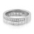 An image of a women's Messika brand ring with diamonds, displayed at a slight angle to showcase the top and side views. The ring is centered and occupies a middle ground distance, providing a clear view of its design. The band is thick and white gold, with a row of round-cut diamonds encircling the middle, flanked by two rows of baguette-cut diamonds. The inside of the band is visible, showing hallmarks denoting the metal's purity. The background is white, ensuring the ring stands out prominently.