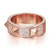 An image of a rose gold Messika women's ring with diamonds, centered and viewed from a slight top angle to showcase the intricate design. The band is adorned with multiple sparkling diamonds set closely together, surrounding four prominent rose gold pyramid-shaped studs that add a geometric contrast to the ring's shimmering surface. The inside of the band, visible at the top of the image, features a smooth, polished finish with the brand's hallmark and serial number engraved. The ring is displayed on a clean, white background, allowing the details and craftsmanship to be the focal point. The image is taken from a medium distance, ensuring the entire circumference of the ring is visible while still focusing on the luxurious details.