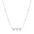 An image of a Messika women's Thea Toi and Moi chain 18k white gold necklace with diamonds, displayed on a white background. The necklace is in a straight, horizontal position, with a close-up front view, showing three prominent diamond-studded triangles at the center, evenly spaced and connected by a delicate chain with several smaller diamonds embedded at intervals. The intricate details and facets of the diamonds are visible due to the angle and proximity of the photograph.