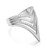 An image of a Messika branded women's ring with diamonds, featuring a unique, modern design with multiple overlapping bands. The ring is shown in a close-up, angled view that highlights the sparkle of the pave-set diamonds along the curves of the polished silver bands. The image is taken from a high angle, emphasizing the geometric shape and the sophisticated craftsmanship of the ring.