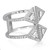 An image of a Messika women's ring with diamonds, featuring a unique double band design. The ring is positioned at a three-quarter angle with a close-up view, highlighting the intricate arrangement of multiple triangular and pavé-set diamonds that create a three-dimensional geometrical pattern. The bands of the ring are also encrusted with diamonds, adding to the luxurious sparkle of the piece. The image captures the ring's details with a clear focus on the gemstones and the polished metal structure.