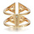 An image of a Messika women's Thea Toi and Moi ring with diamonds, captured in a close-up frontal view against a white background. The ring features a unique double band design in polished yellow gold, intersecting at the center to form a symmetrical, openwork structure. Four triangular cut-outs are evenly spaced around a central, engraved "MESSIKA" logo, and a single round diamond is prominently set just above the brand name. The craftsmanship details, such as the diamond setting and the engravings, are clearly visible, showcasing the intricate design and luxurious aesthetic of the piece.