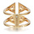 An image of a Messika women's Thea Toi and Moi double ring with diamonds, positioned centrally and viewed from a front angle. The ring features a unique double band design in polished 18k yellow gold, with a gap between the bands. Each band is adorned with triangular cut-outs and a single diamond is set at the center where the bands intersect. The brand name "MESSIKA" is prominently engraved on the front of the ring. The image is taken from a close-up distance, showcasing the ring's intricate details and craftsmanship.