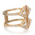An image of a Messika women's Thea Toi and moi ring with diamonds, showcasing a multi-band design in yellow gold. The ring features a close-up side view with the largest triangle-shaped diamond facing upwards to the right. Smaller diamonds are pavé-set along the bands, which intersect at various angles, creating an openwork structure. The bands are yellow gold polished, and the ring is positioned against a white background, providing a clear, detailed view of the jewelry's craftsmanship. The image is taken from a slight distance, allowing for the entire ring to be in focus, emphasizing its intricate design and sparkling stones.