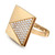 An image of a Messika women's Spiky Diamond cocktail ring. The ring is viewed from a top angle slightly to the left, showing a large, gold, square-shaped face adorned with sparkling diamonds set in a pavé style. The square face has a smooth, polished border and a textured frame. The gold band of the ring is slender, smooth, and visible extending to the bottom right of the image. The background is white, emphasizing the ring's design and brilliance.