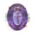 Front view of the ring showing the oval cut synthetic sapphire in prong setting with three prong set tiny round diamonds on both sides.