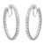 An image of a pair of Rachel Koen women's hoop earrings with diamonds, showcased in a frontal, symmetrical view. The earrings are hoop-shaped with multiple round-cut diamonds encrusted along the inner and outer edge, offering a close view that highlights their sparkle and intricate setting in a polished white gold metal. The earrings are positioned vertically and parallel to each other, with a white background that accentuates their brilliance.