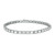 An image of a Rachel Koen unisex adult tennis bracelet with bezel set emerald cut diamonds in white gold, displayed in full view on a neutral background. The bracelet is laid out in a straight line, angled slightly from the top left to the bottom right of the frame, showcasing its entirety. The diamonds are set in a consistent pattern around the bracelet, and the clasp is visible on the left side, marked with "18K 750 RF" indicating the metal purity. The image is taken from a close distance, ensuring the details of the diamonds and the setting are clearly visible.
