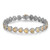 An image of a Rachel Koen women's bracelet with diamonds, displayed against a white background. The bracelet is shown in a straight line from a top view angle, allowing the intricate details and the sparkle of the diamonds to be clearly visible. The design features a series of white gold links, each containing a heart shaped, yellow diamond surrounded by smaller white diamonds in halo setting, all set in a polished white gold frame. The clasp is visible to the right and blends seamlessly with the bracelet's design. The image is taken from a close distance, ensuring the diamonds' brilliance and the bracelet's craftsmanship are in focus.