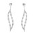 An image of a pair of Rachel Koen women's drop earrings with diamonds. The earrings are displayed against a white background in a frontal view with a slight angle to show depth. They feature an elongated, teardrop shape with multiple round-cut, baguette cut diamonds set in a linear pattern, diminishing in size towards the tapered end in white gold. The earrings are positioned parallel to each other, at an equal distance from the center, providing a symmetrical view.