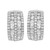 An image of a pair of Rachel Koen brand huggie earrings for women, featuring multiple rows of round cut sparkling diamonds in white gold. The earrings are displayed frontally, at a close distance and a direct angle, providing a clear view of their intricate design and luxurious shine.