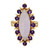An image of a Rachel Koen women's cocktail ring with Natural Chalcedony with Amethyst stones, shown in a straight-on view against a white background. The ring features a large, marquise-cut central Natural Chalcedony in a milky translucent hue, prong-set and surrounded by smaller round-cut Amethysts in a halo design. The band and setting are crafted in 18k yellow gold, and the ring is positioned to display the design details clearly from a frontal perspective.