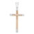 An image of a Rachel Koen unisex adult necklace without stones, featuring a two tone cross pendant from the back. The pendant is centered and displayed frontally at a close distance with a symmetrical view, showcasing a vertical bar intersected by a horizontal bar, both with a textured design and smooth end caps. The pendant is attached to a bail at the top, ready to be hung on a chain, against a white background. The condition of the item is pre owned.