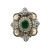 An image of a Rachel Koen vintage women's ring with diamonds and emerald, viewed from directly above at a 90-degree angle, showing a detailed frontal view. The ring features a central oval emerald surrounded by a halo of diamonds, flanked by four larger bezel-set diamonds at cardinal points within an ornate 14k white gold setting, with additional diamonds encrusted around the perimeter. The condition of the ring is pre owned. 