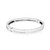 An image of a Bvlgari B.Zero1 unisex adult bangle bracelet without stones. The bracelet is shown in a side-on view, slightly angled to display its circular shape and clasp mechanism. It is positioned centrally against a white background and is captured from a close distance, allowing for clear detail of the polished white gold finish and the brand's logo engraved on the surface.The condition of the bracelet is new.