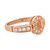 An image of a Bvlgari Bvlgari women's ring with diamonds, displayed at a slight left angle to show the top and side view. The ring is crafted in rose gold with the brand name engraved on the side, and features a circle of pave-set diamonds at the top with a row of larger channel-set diamonds along the band. The ring is photographed up close on a white background to highlight its details and workmanship.The condition of the ring is new. 