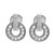 An image of a pair of Bvlgari Bvlgari Openwork 18k white gold women's earrings with diamonds, shown from a front-facing angle. They are positioned centrally and displayed against a white background. Each earring features a loop design encrusted with sparkling diamonds, with the brand name 'BVLGARI' engraved on the upper metal section. The image is taken from a close distance, providing a clear view of the earrings' intricate details and the reflective quality of the diamonds. The condition of earrings are new. 