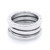 An image of a Bvlgari B. Zero1 women's ring without stones, positioned front and center on a white background. The ring is captured at a slightly elevated angle, providing a clear view of the stacked design featuring multiple bands with engraved brand lettering. The distance is moderate, allowing for detailed observation of the ring's polished white gold surface and the intricate engravings.Excellent Pre-owned Condition. 