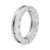 An image of a polished, 18k white gold Bvlgari B.Zero1 unisex adult ring without stones. The ring is presented in an upright position, centered and viewed at a direct frontal angle, showcasing the brand's signature engraving around the circumference. The background is a uniform white, emphasizing the ring's metallic sheen and engraved details. The distance is close enough to ensure the ring occupies the majority of the frame for clear visibility.The condition of the ring is new. 