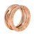 An image of a Bvlgari B.Zero1 design legend three band unisex adult ring without stones, captured frontally at a close distance, showcasing a rose gold finish. The ring consists of interlinked bands with the brand's name engraved on the outer surface. The photo is taken from a slightly elevated angle, emphasizing the engravings and the glossy metallic sheen.The condition of the ring is new. 