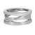 An image of a Bvlgari B.Zero1 unisex adult band ring with diamonds, positioned centrally against a white background. The ring features a unique, intertwined band design with a polished white gold finish, viewed from a slightly elevated angle to highlight the looped structure and the placement of diamonds. Diamonds are set into one of the entwined bands, catching the light and demonstrating their brilliance. The ring is shown in close-up, providing a clear view of the intricate details and engravings including the brand name and 'MADE IN ITALY' inscription.The condition of the ring is new. 