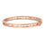 An image of a sleek, unisex adult Bvlgari B.Zero1 Logo Bangle bracelet without stones, displayed in a close-up view. The bracelet is positioned horizontally across the frame, showcasing a polished rose gold finish. It features the brand's signature cut-out design with "BVLGARI BVLGARI" engraved around its circumference. The angle provides a clear view of the bracelet's exterior and the precision of the engravings, against a plain white background. The condition of the bracelet is new. 