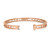 An image of a Bvlgari B.Zero1 Logo unisex adult bangle bracelet without stones. The bracelet is shown in a close-up, frontal view with a slight angle to the left, allowing visibility of the inner and outer bands. It features a polished rose gold color with cut-out letters spelling the brand name along its outer band. The clasp of the bracelet is open, and it is positioned against a white background.The condition of the bracelet is new. 