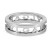 An image of a Bvlgari brand B.Zero1 Openwork Logo Spiral unisex adult one band ring without stones. The ring is displayed at a slight angle, showing the top and side views, with the brand name cut out in a blocked font encircling the band. The metal is 18k white gold polished and shiny, and the ring is centered in the frame with a close-up view, allowing for clear visibility of the design and inscriptions.The condition of the ring is new. 